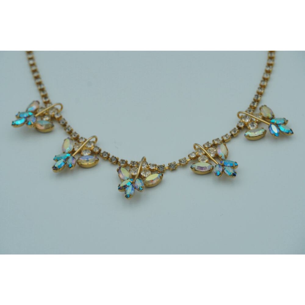 Vintage Aurora Borealis Rhinestone Flower Necklace Gold Tone 1950s Sparkle